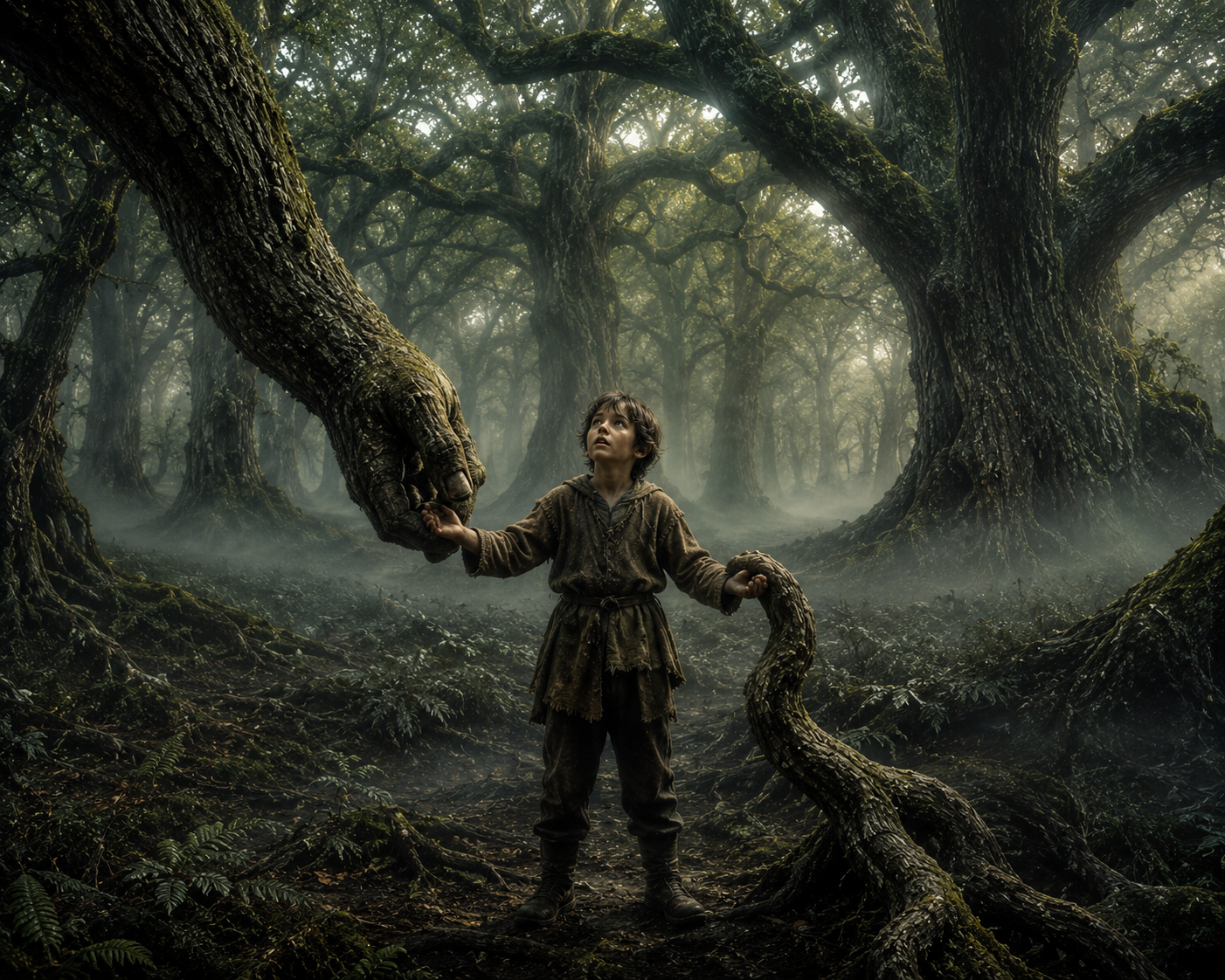 Druid boy held by branch and root