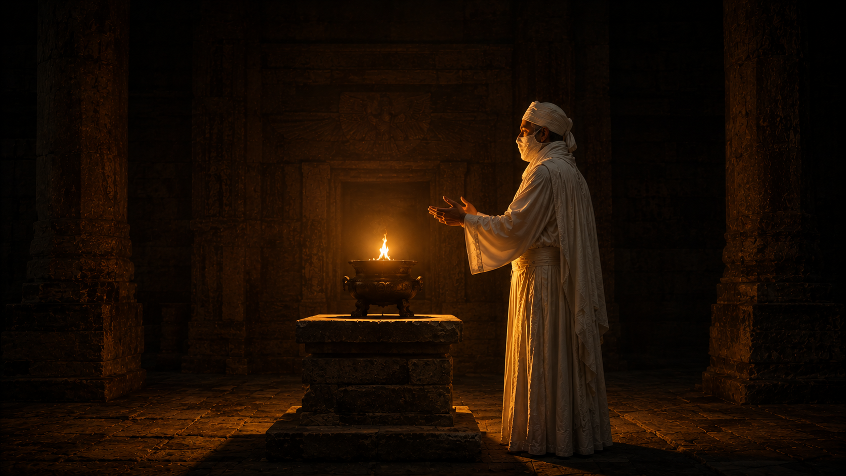 Zoroastrian priest before the flame